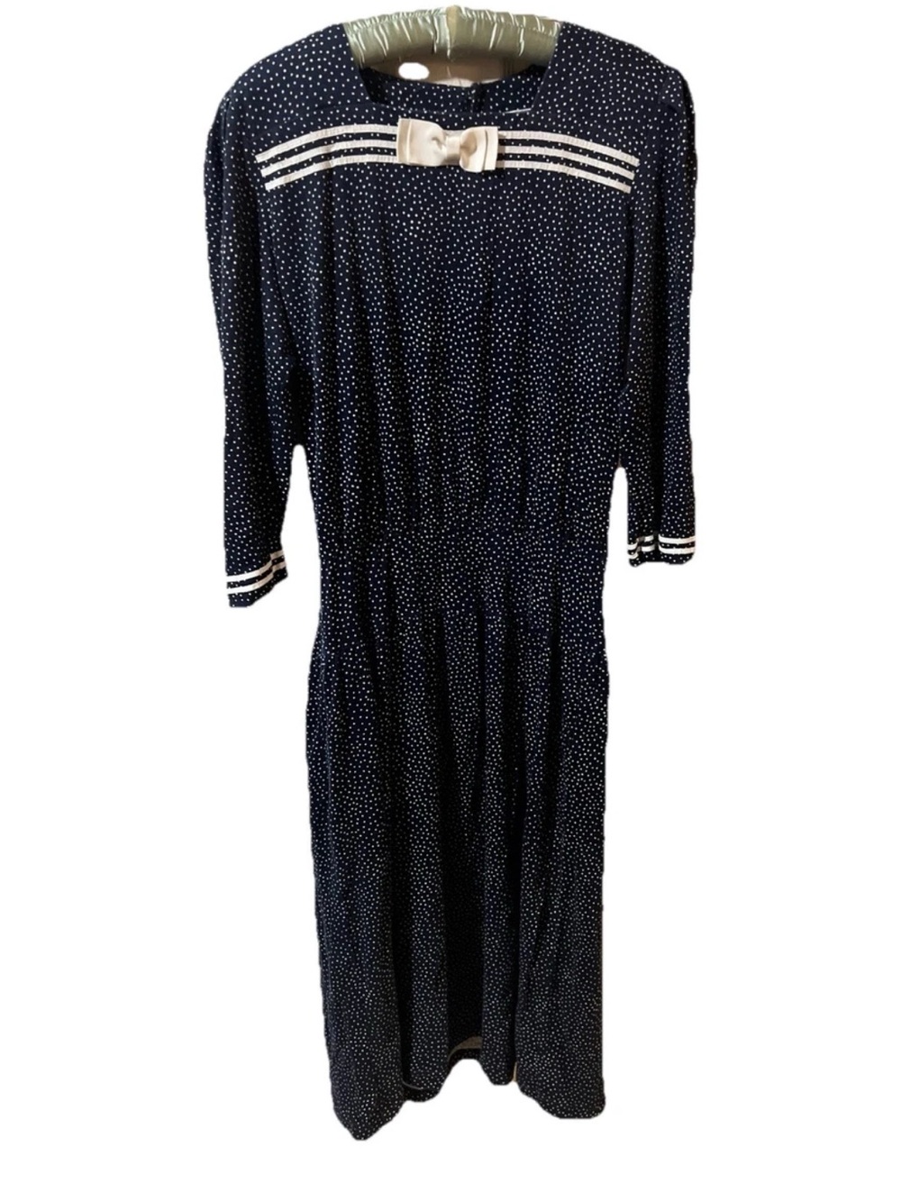 Vintage Dress Lanz Originals 80s Polk Dot Sailor Bow Dress, Pockets, Elastic Wai